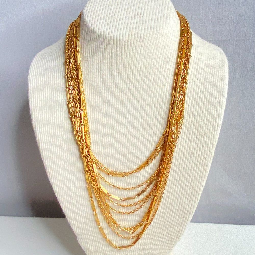 💎Sara Coventry Signed 10 Strand Gold Tone Chain Oval Flat Bar Necklace